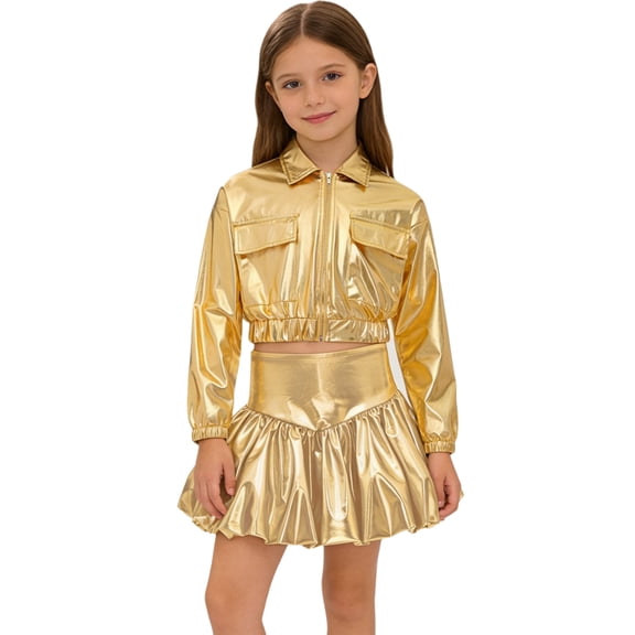 Haitryli Kids Girls Metallic Dance Outfits Shiny Cropped Jacket with Bubble Skirt Set Hip Hop Jazz Clothes Dancewear Gold 16