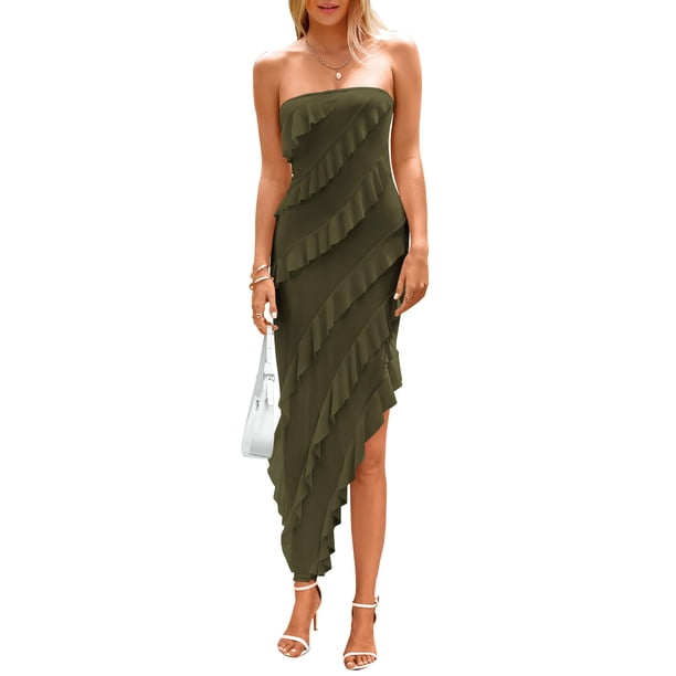 Vestido PRETTYGARDEN Largo sin Tirantes con Volantes Verde Militar XL