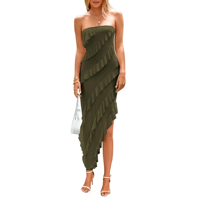 Vestido PRETTYGARDEN Largo sin Tirantes con Volantes Verde Militar XL
