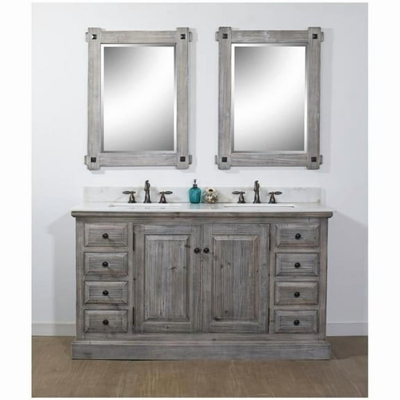 60" Rustic Solid Fir Double Sink Vanity in Grey Driftwood with Arctic Pearl Quartz Marble Top, Faucet not Included