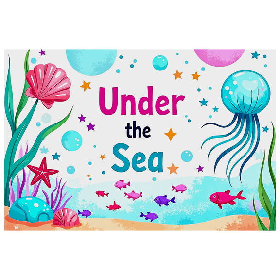 Colorful Under the Sea Themed Backdrop Banner with Shells Starfish Jellyfish Bubbles and Fish, Ocean Party Decorations Photography Props for Underwater Themed Parties Kids Parties and Photo Shoots