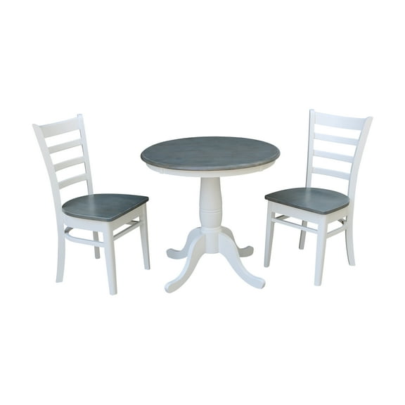 30'' Round Solid Wood Pedestal Dining Table with 2 Emily Ladder Back Dining Chairs in White/Heather Gray