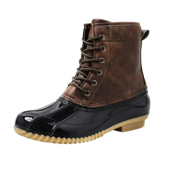 XIMIN Women's Duck Boots Two Tone Rain Rubber Rain Boots Lace-Up Waterproof Snow Boots Lined Fleece Anti Slip Mid-Calf Winter Boots