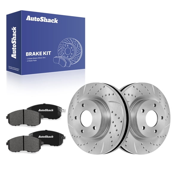 AutoShack Front Vented Drilled & Slotted Silver Zinc Coated Brake Rotors   Premium Ceramic Pads 6-PC Brake Kit Replacement for 2017-2019 Nissan Sentra SilverShield Pro 11.64" (295.7 mm)