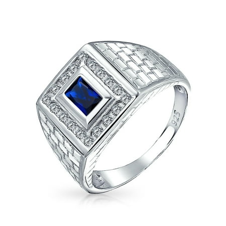 Geometric Rectangle 2CT Royal Blue Emerald Cut AAA CZ Bezel Halo Mens Engagement Ring Simulated Sapphire Band For