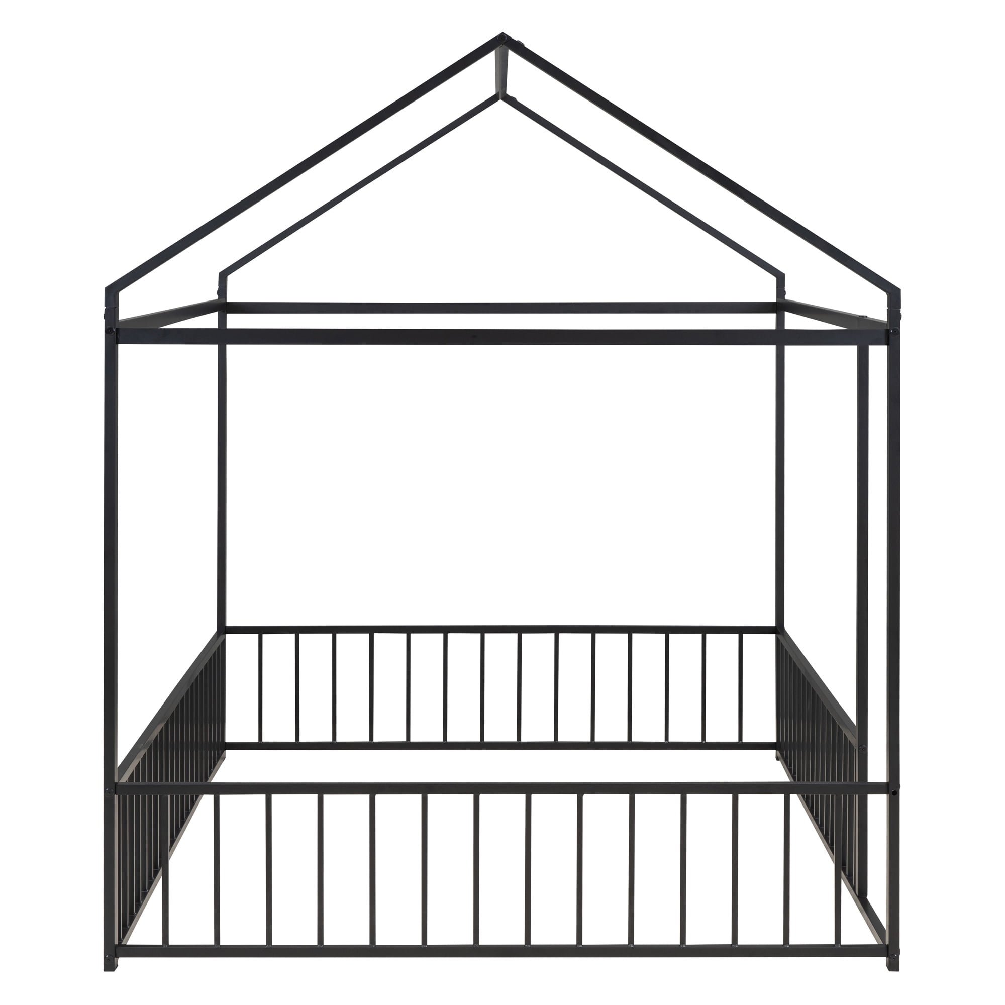Gewnee Full Size Metal House Bed frame with Fence,Montessori Floor Bed for Toddler and Kids,Black