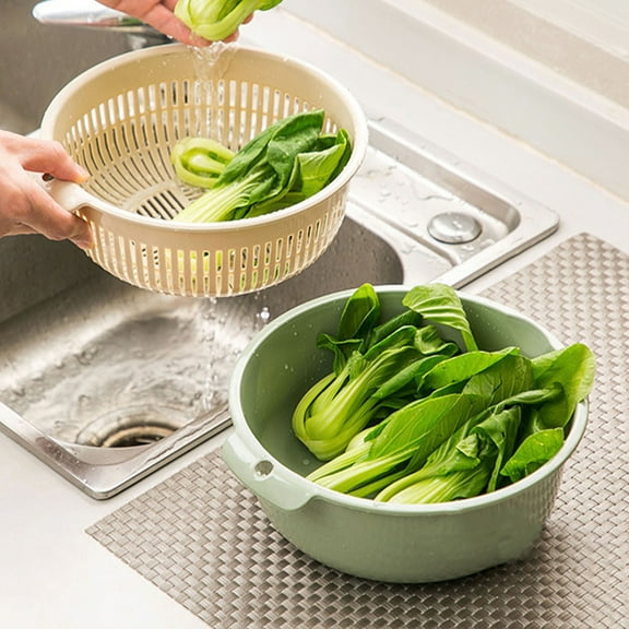 Hauiodp Double Layered Plastic Washing Basket with Bowl Strainer, Detachable Round Strainer Basket, Multifunctional Draining Basket for Kitchen Colander for Fruits and Vegetables
