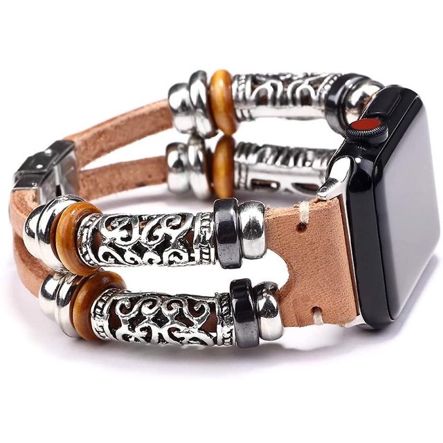 9 x 2 x 0.3 inches2 Straps BeigeCompatible con Boho Fancy Apple Watch Band - Pulsera de cuero multicapa vintage para Apple Watch Series 5/4/3 (2 correas beige, 42 mm/44 mm)