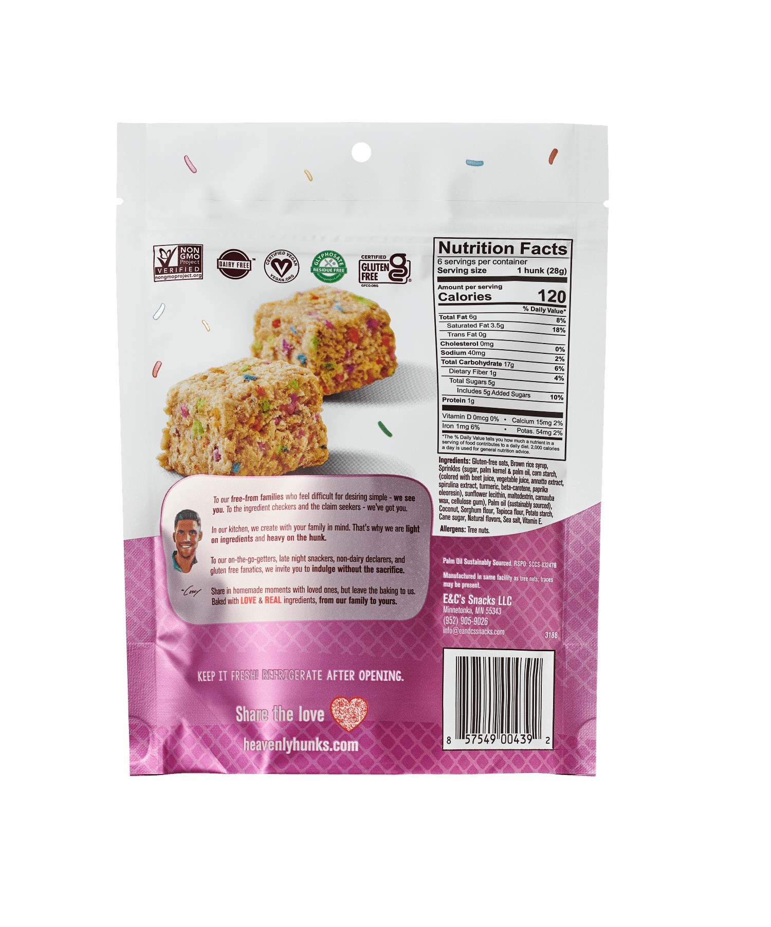 (3 pack) E & C's Snacks Heavenly Hunks Gluten Free, Vegan Baked Birthday Cake Cookies, 6 oz, 6 Count