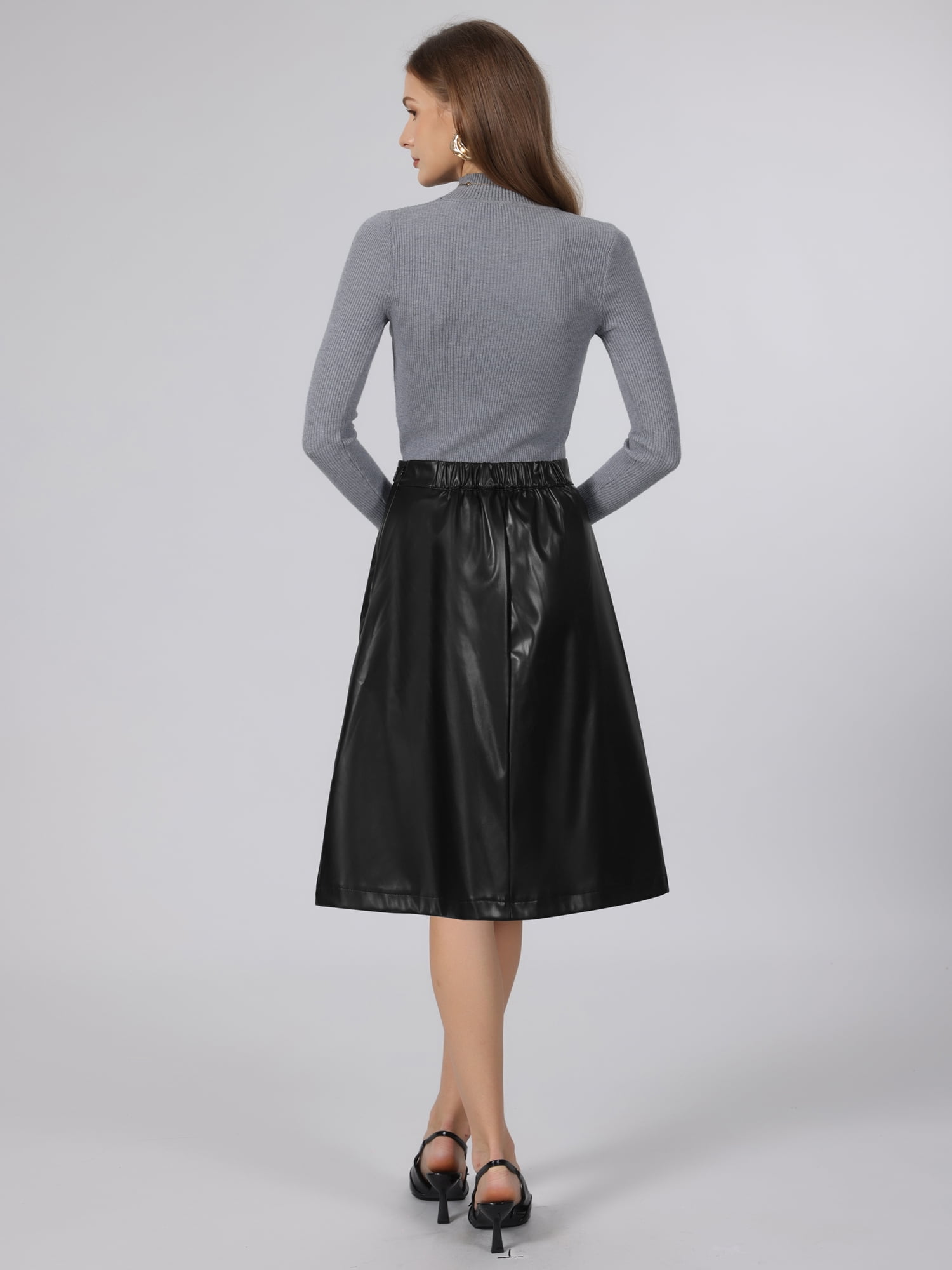 DARING DIVA Women's Faux Leather Skirt High Faux Wrap PU A-Line Skirts L Black