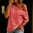 thumbnail image 2 of Zynoxe Off the Shoulder Tops for Women Trendy Striped Short Sleeve Asymmetrical Tops for Daily Wear Summer Loose Fit Versatile Pullover Casual Tops Red S, 2 of 8