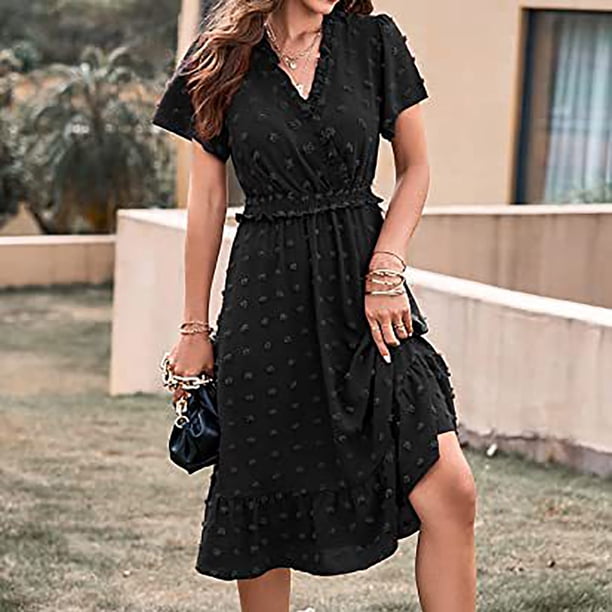 Puntoco Vestido De Manga Corta Con Cuello En V, Vestido De Mujer Con Encaje De Color Liso, Cuello En V, Lunares, Encaje Y Manga Mosca, Negro L