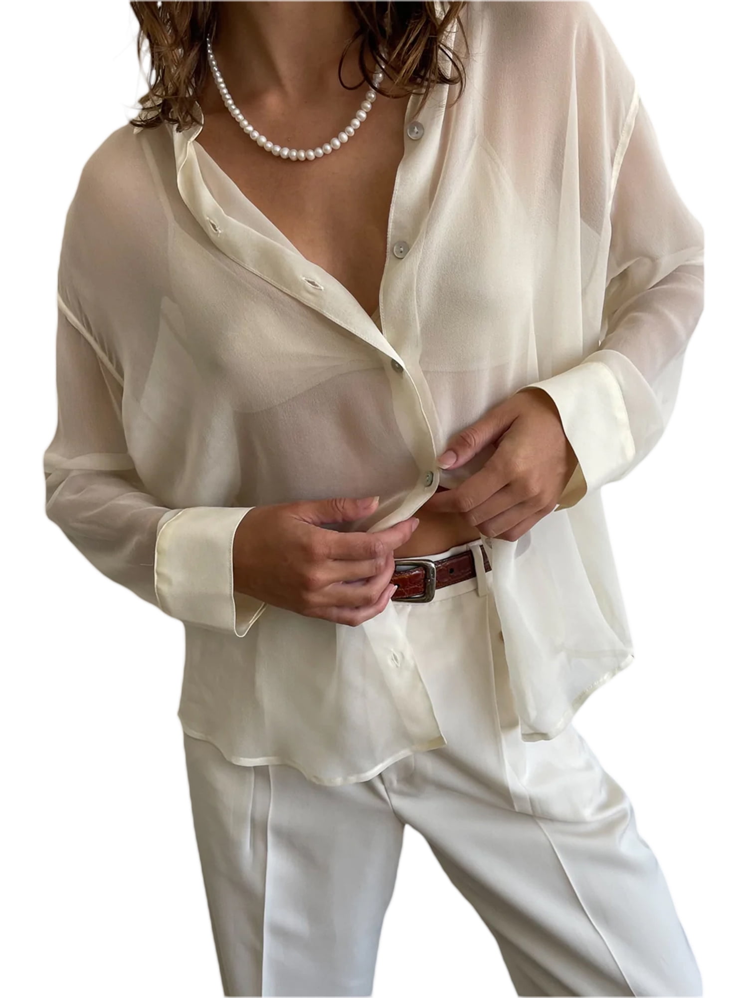 wybzd Women Sheer Mesh See Through Lapel Button Down Shirt Long Sleeve  Spring Autumn Blouse Tops White L 