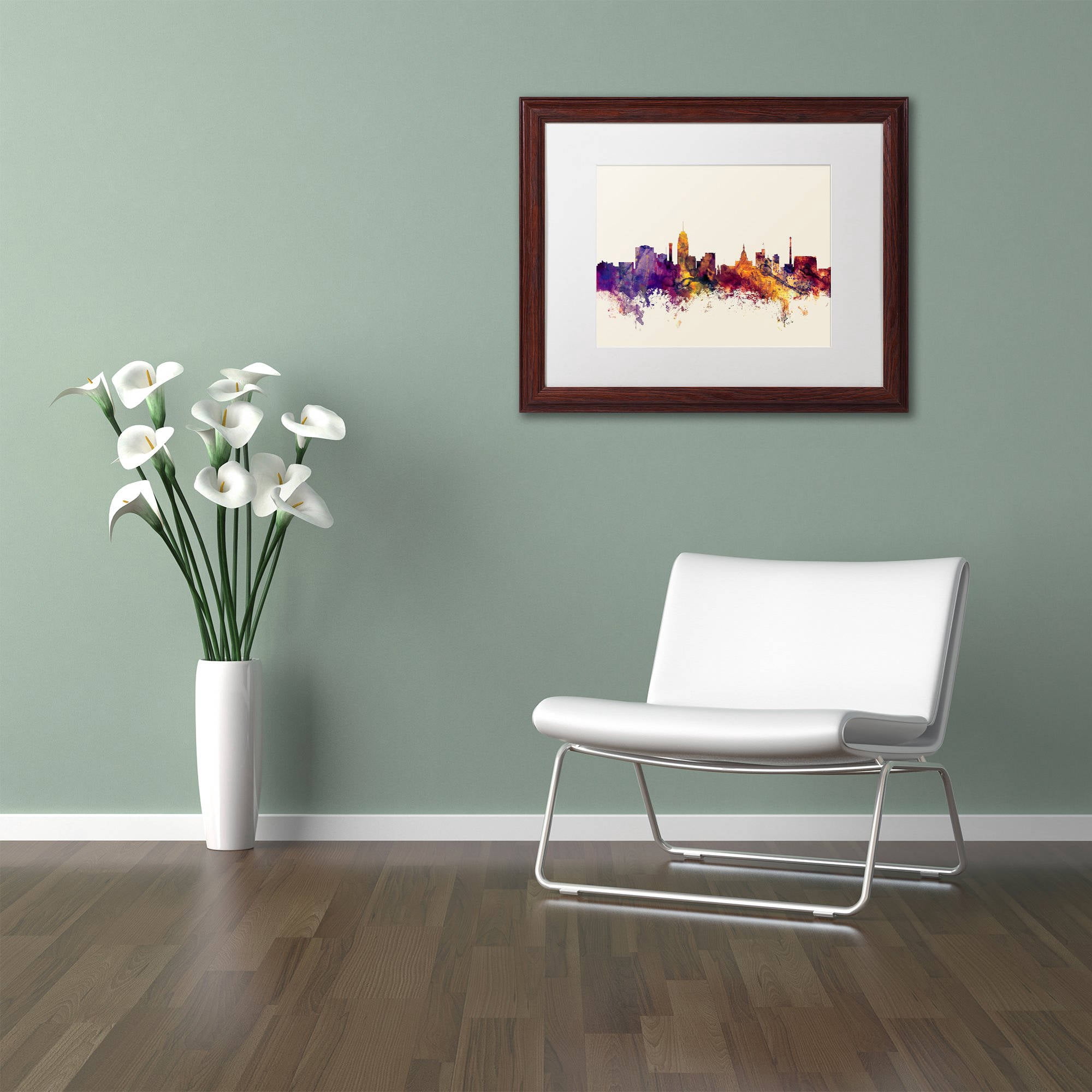 Trademark Fine Art "Lansing Michigan Skyline" Canvas Art by Michael Tompsett, White Matte, Wood Frame