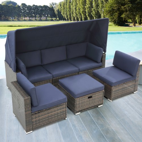 Patio Furniture Outdoor Daybed with Retractable Canopy, 7PCS Rattan