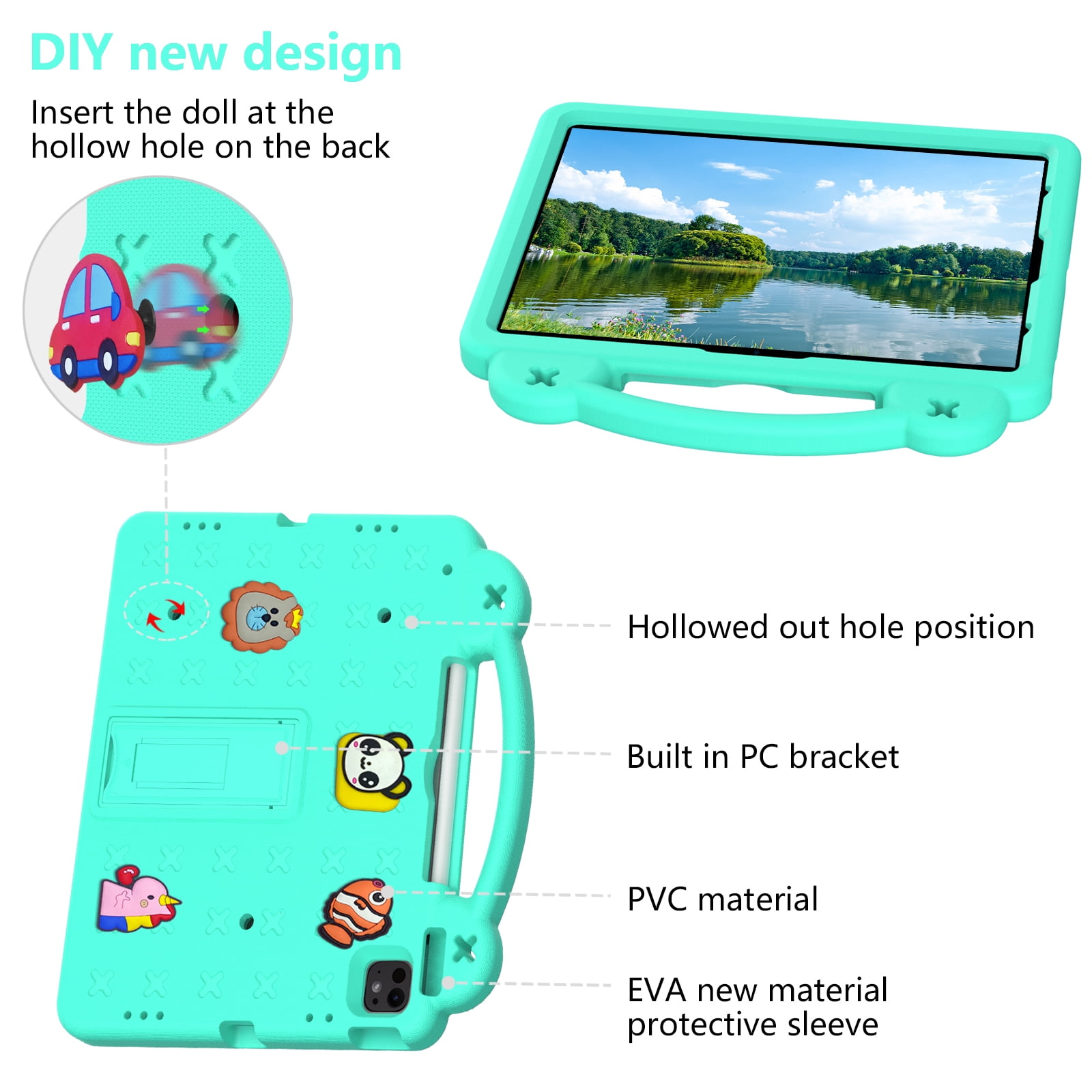 Nalacover Cartoon Handle Case for Apple iPad Air 11 inch 2024 Case, EVA Foam Cute Pattern with Pencil Holder Kickstand Cute Shockproof PC Case for iPad Pro 11 inch 2024, Mintgreen