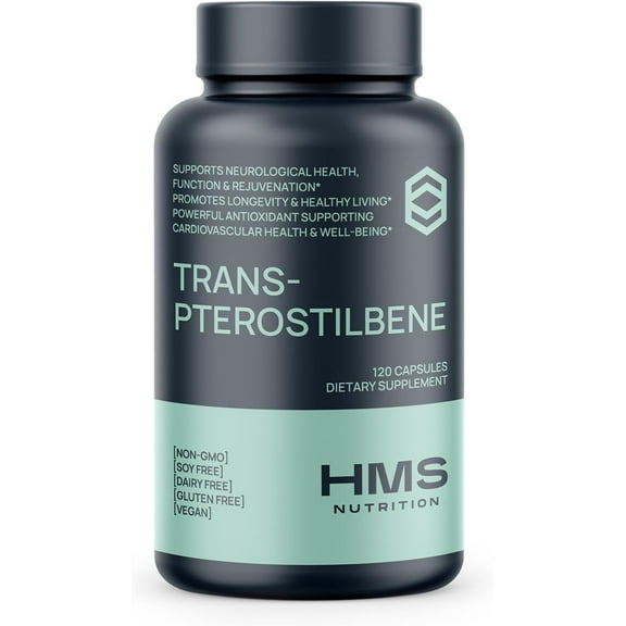 HMS Nutrition Potent Trans-Pterostilbene - 200mg, 120 Vegan Capsules - Antioxidant Supplement - Gluten, Soy & Dairy Free