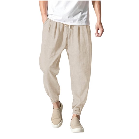Admvng Men's Linen Pants Casual Big & Tall Breathable Full Length Trousers with Pockets