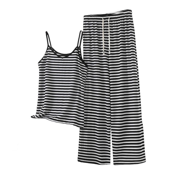 Cmfcve 2026 Summer Sets for Women 2 Piece Outfits Striped Spaghetti Strap Cami Top and Drawstring Wide Leg Pants Set