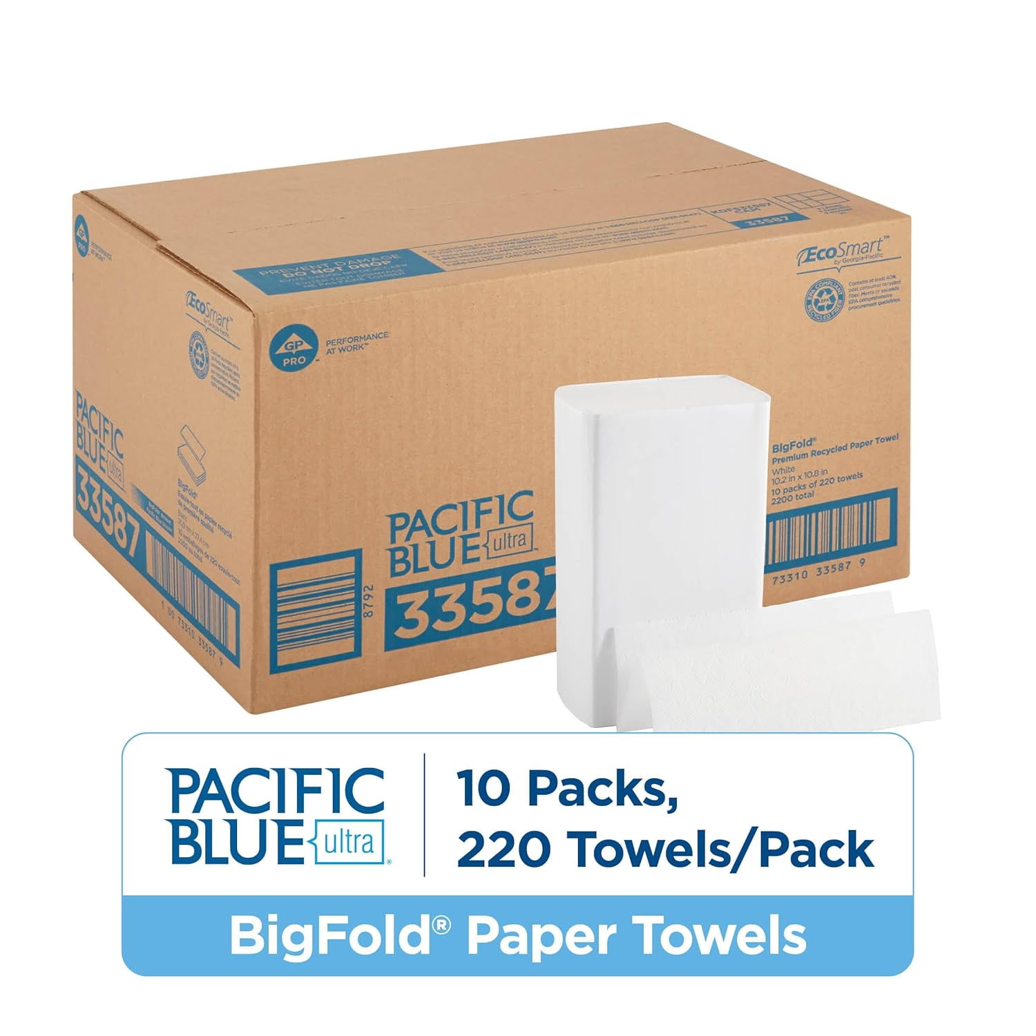 Pacific Blue Ultra Bigfold Recycled Paper Towels by GP PRO ( 33587, 220 Paper Towels Per Pack, 10 Packs Per Case, White
