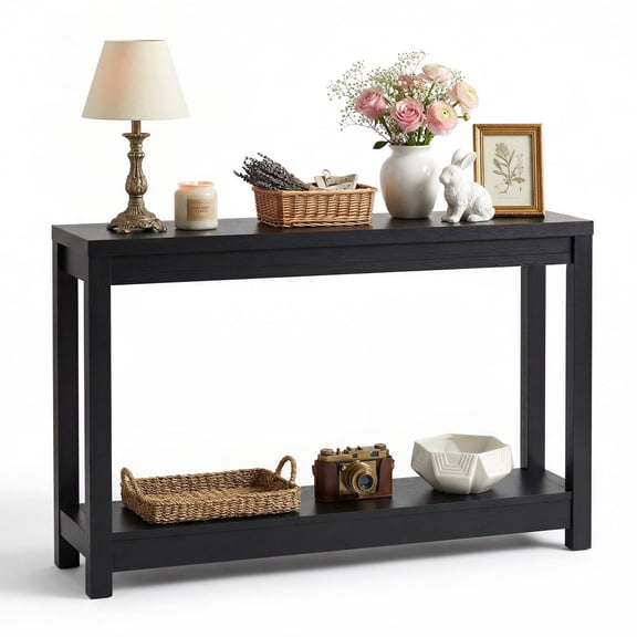 Aheaplus 47" Farmhouse Wood Console Table - Narrow Entryway Sofa Table with Open Storage Shelves, Embossed Wood Grain, Easy Assembly, Ideal for Entryway, Living Room Behind Couch,Black