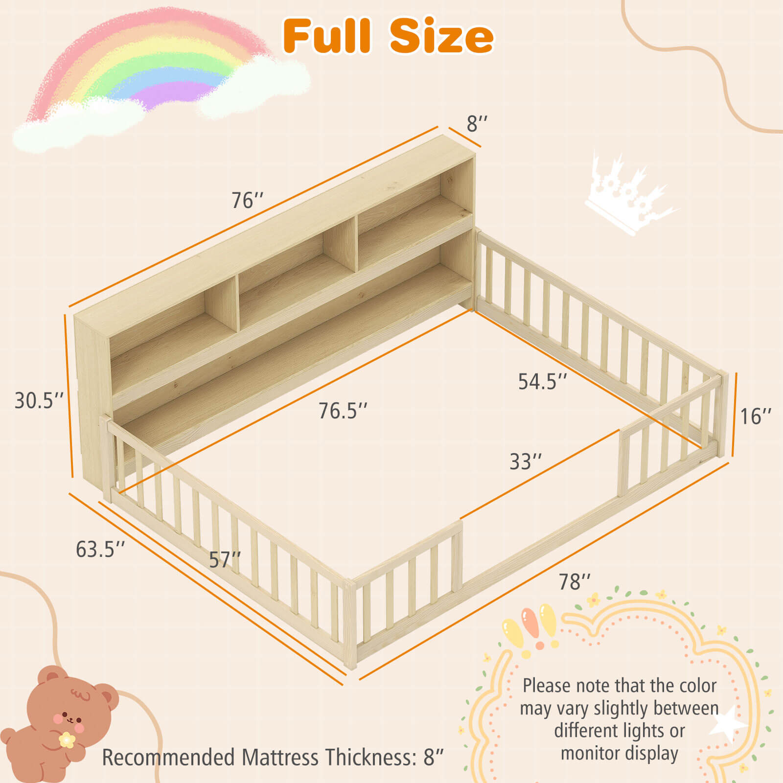 Costway Full Size Montessori Floor Bed with Bookcase Storage Shelves & Safety Fence Rails Natural