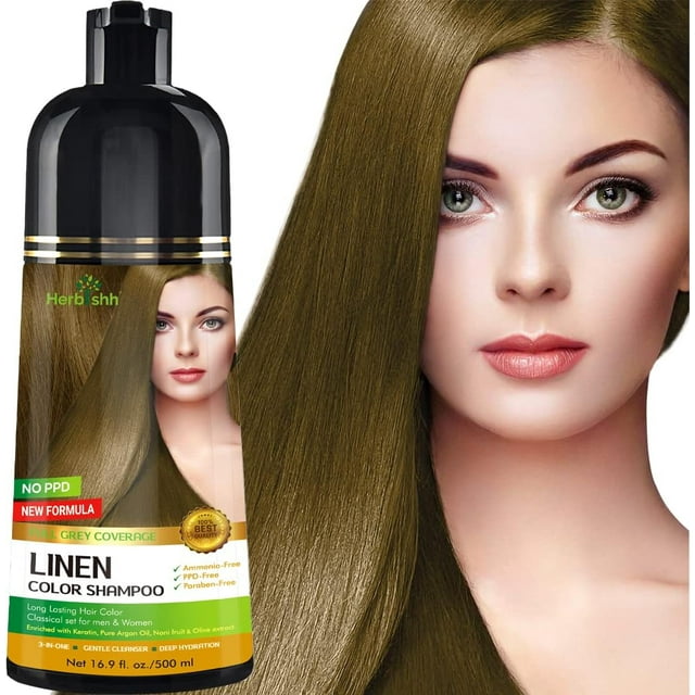 Herbishh Shampooing Colorant pour Cheveux Gris, Permanent, Hommes et Femmes (Lin 500 ml)