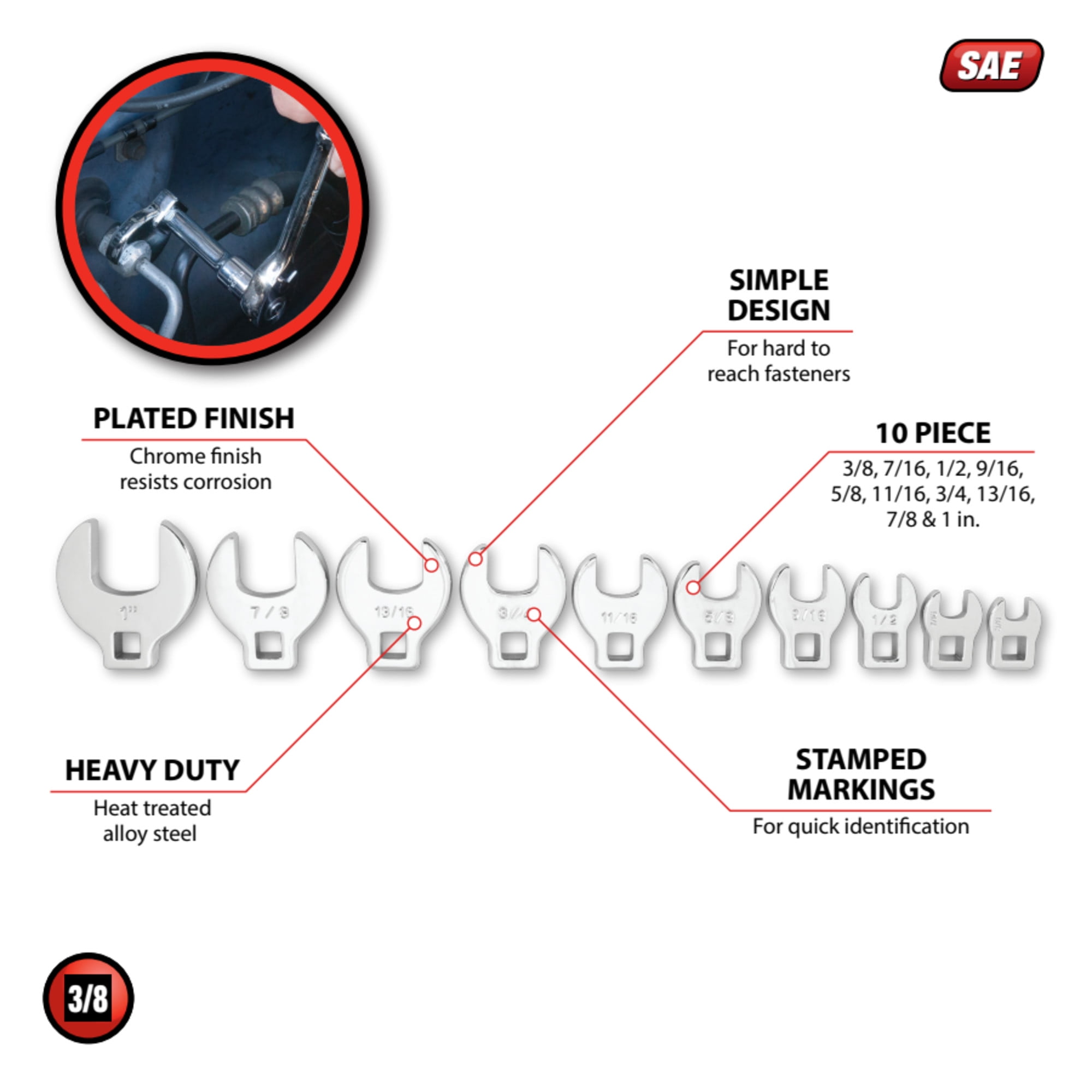 Performance Tool W453 10-Piece SAE Open End Crowfoot Wrench Set