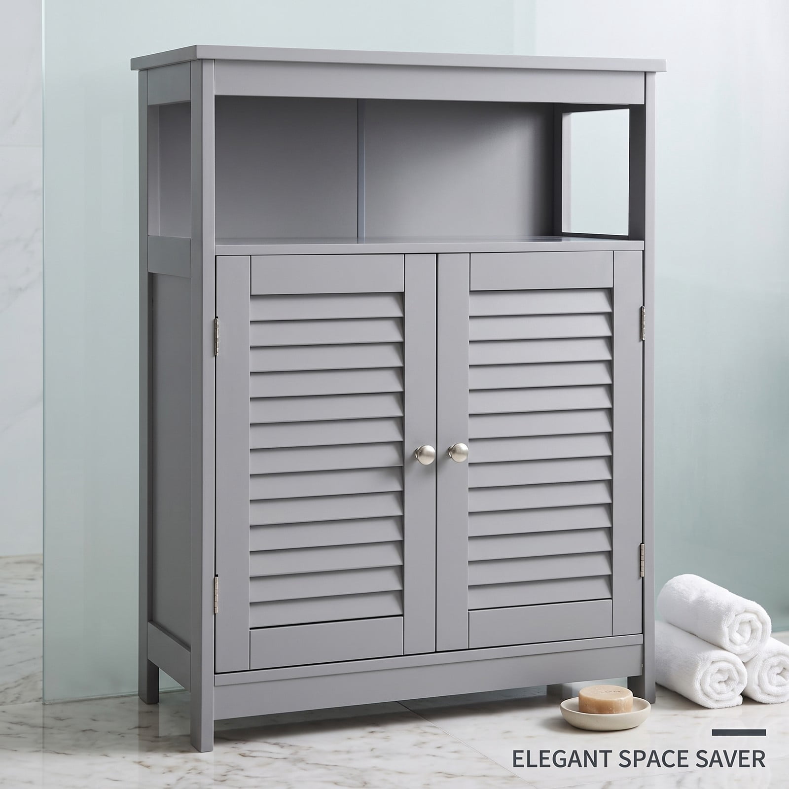 Fenbeli Wood Freestanding Bathroom Storage Cabinet with Double Shutter Doors, Adjustable Shelf, Anti-Tipping Floor Organizer for Bathroom Living Room Bedroom, Gray