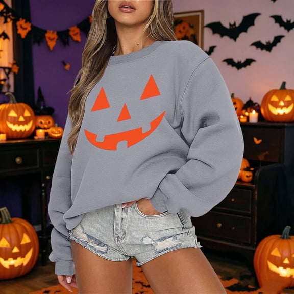Womens Sweatshirts Halloween Classic Punpkin Face Print Sweatshirt Fall Long Sleeve Pullover Tops (Grey L)