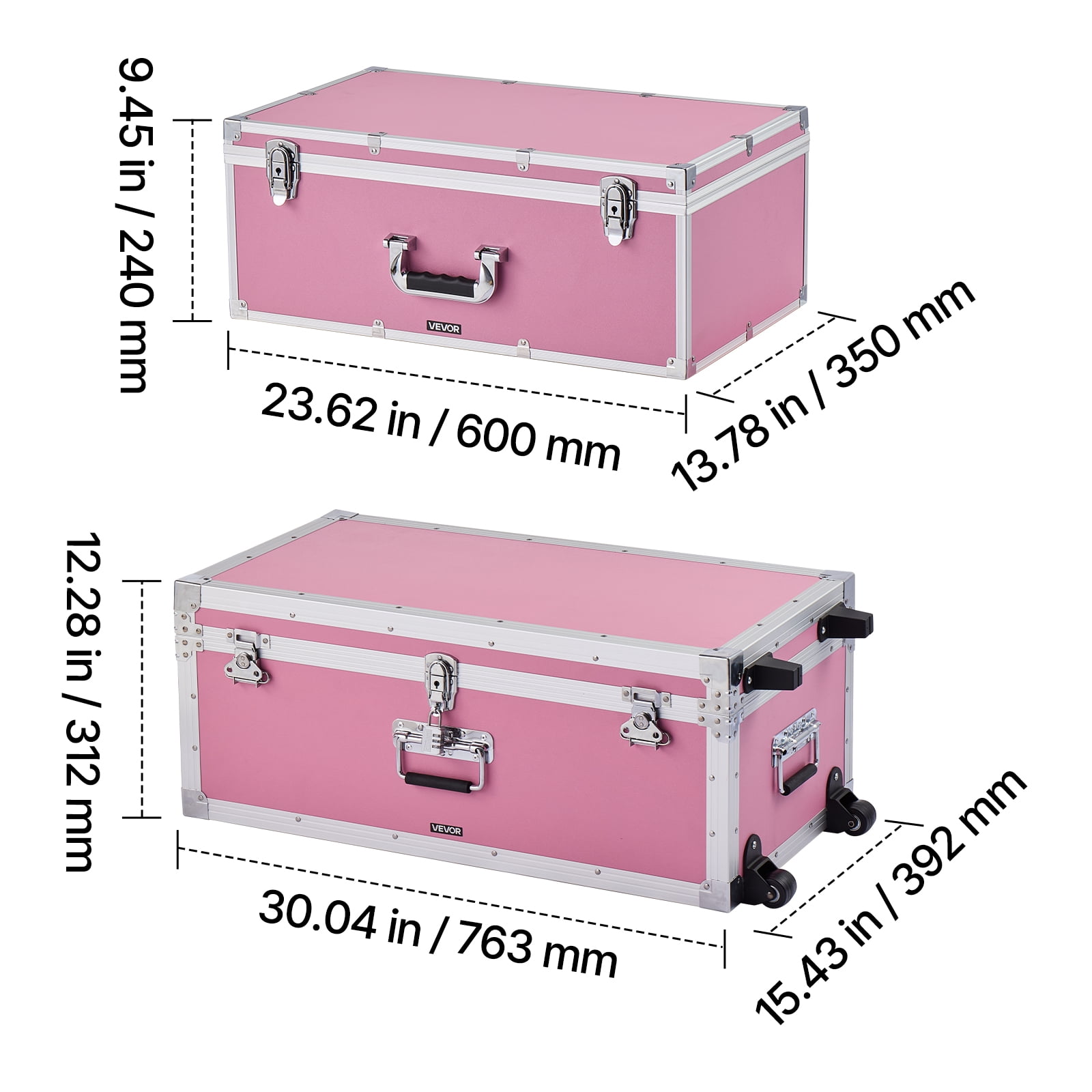 VEVOR Metal Storage Trunk, Set of 2, Wooden Suitcase Storage Boxes with Padlocks, Large Trunk Includes Casters and 3 Metal Handles, Decorative Store Chest with Lids for Travel, Apartment, Dorm, Pink