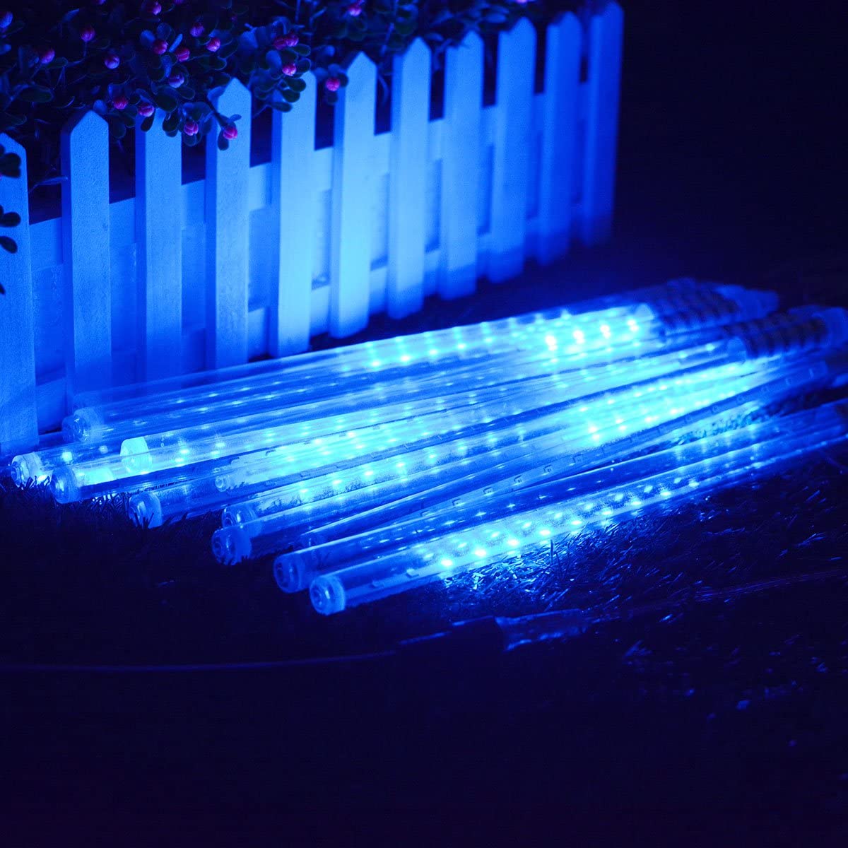 Vmanoo LED Outdoor, 8 Tube Meteor Shower Rain Lights Solar Powered Icicle Raindrop Snow Falling, Cascading Lighting for Garden Outdoor Patio Holiday Party Halloween Decoration (Blue) A1 Blue - image 4 of 8