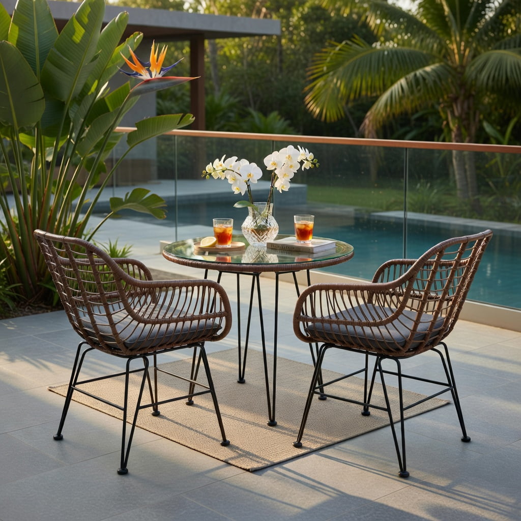 Hommoo 3-Piece Outdoor Rattan Bistro Set with Removable Cushions, Steel Frame, Tempered Glass Table, Gray