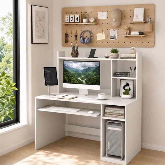 43.5 " Computer Desk with Keyboard Tray and Power Outlets, Home Office Desk with Bookcase,White