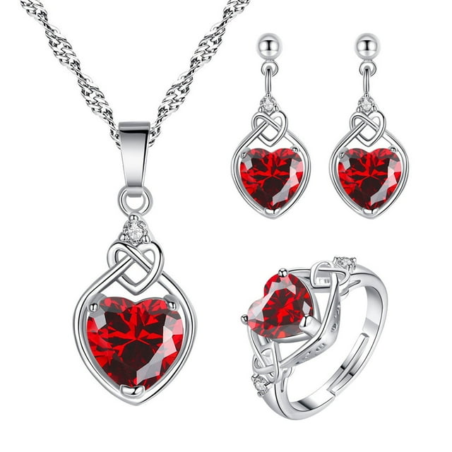 Valentine Heart Necklace Pendant Earrings Ring Jewelry Set For Women And Girls