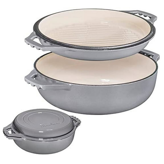 2-in-1 Enameled Cast Iron Cocotte Double Braiser Pan with Grill Lid 3.3 Quarts - Barbecue