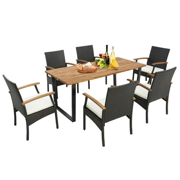 GVN Garden Dining Sets,Patio Table Sets,7 Pieces Outdoor Wicker Chair and Dining Table Set-Wood Handrail