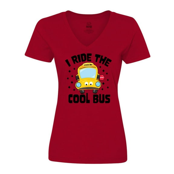 Inktastic I Ride the Cool Bus with Yellow Bus Women's V-Neck T-Shirt