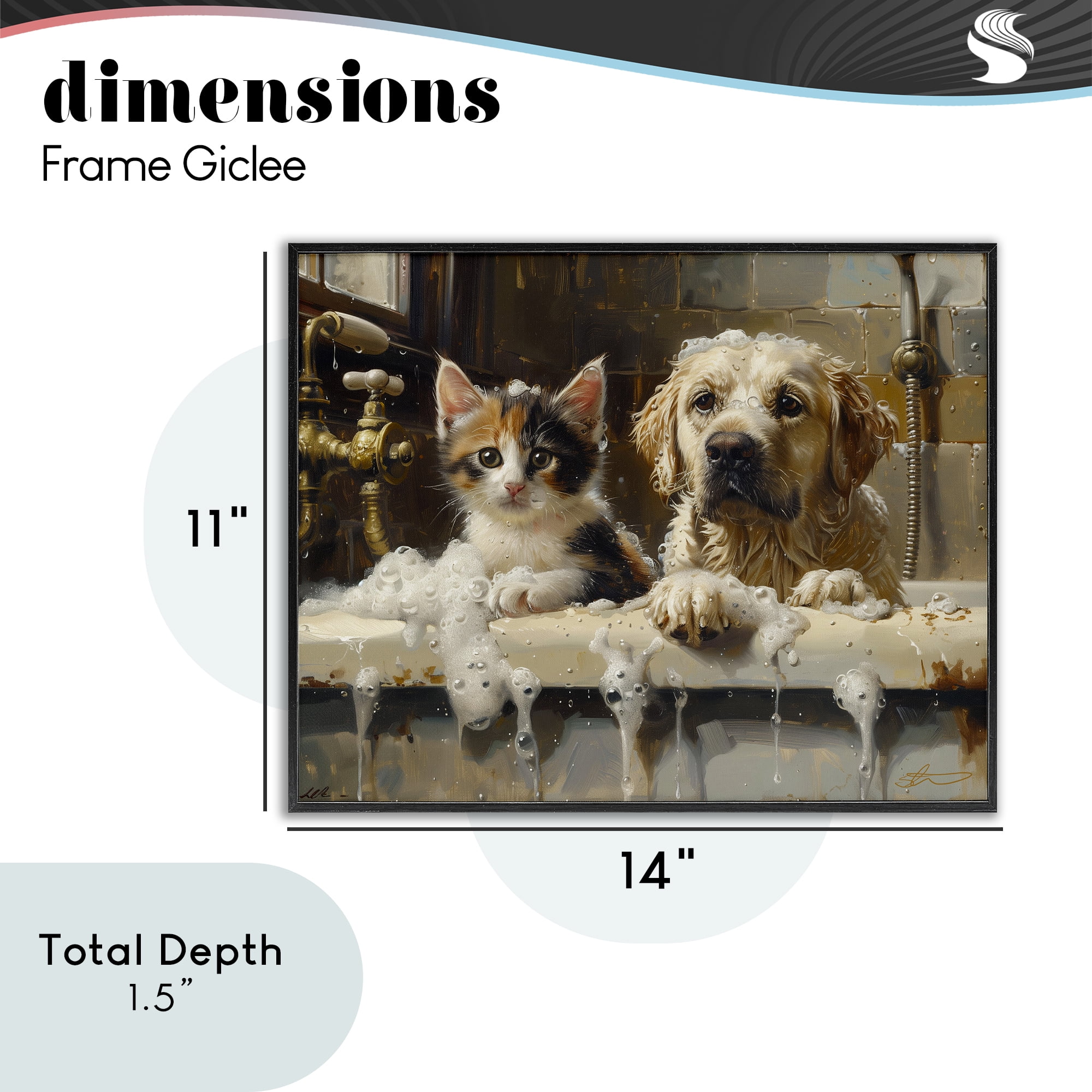 Bath Buddies Cat & Dog Black Framed Giclee Art, design by Shawna Stewart