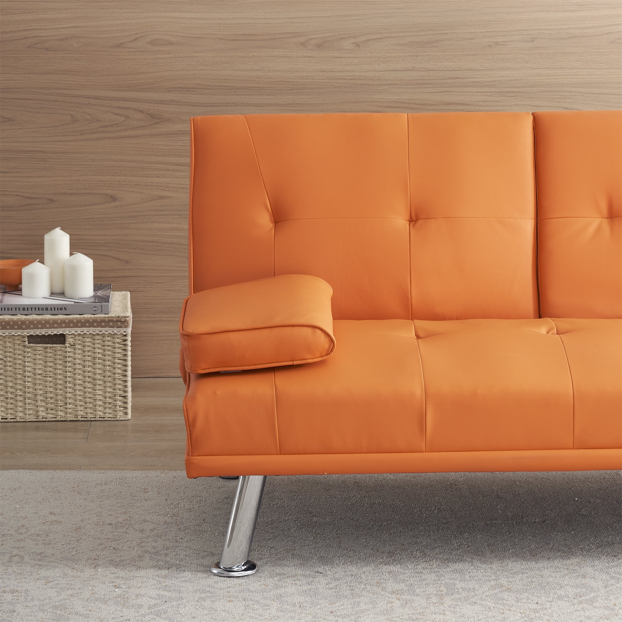 Aukfa Leather Futon Convertible Sofa Bed with 2 Cup Holders&Pillows, Twin Size, Orange