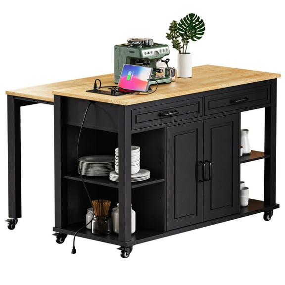 BIGWOO Kitchen Island with Extendable Dining Table,Rubber Wood Veneer Kitchen Table,47" Black