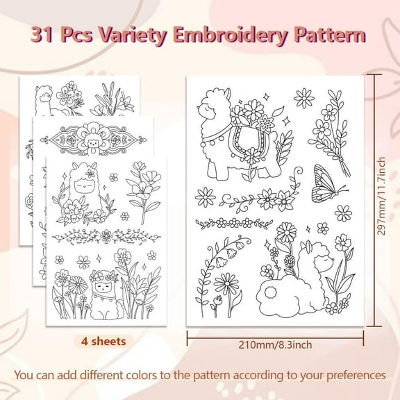 Water Soluble Embroidery Patterns for Beginners 4 Sheets with 31pcs Alpaca with Flowers Patterns Wash Away Stick and Stitch Embroidery Pattern Stabilizer