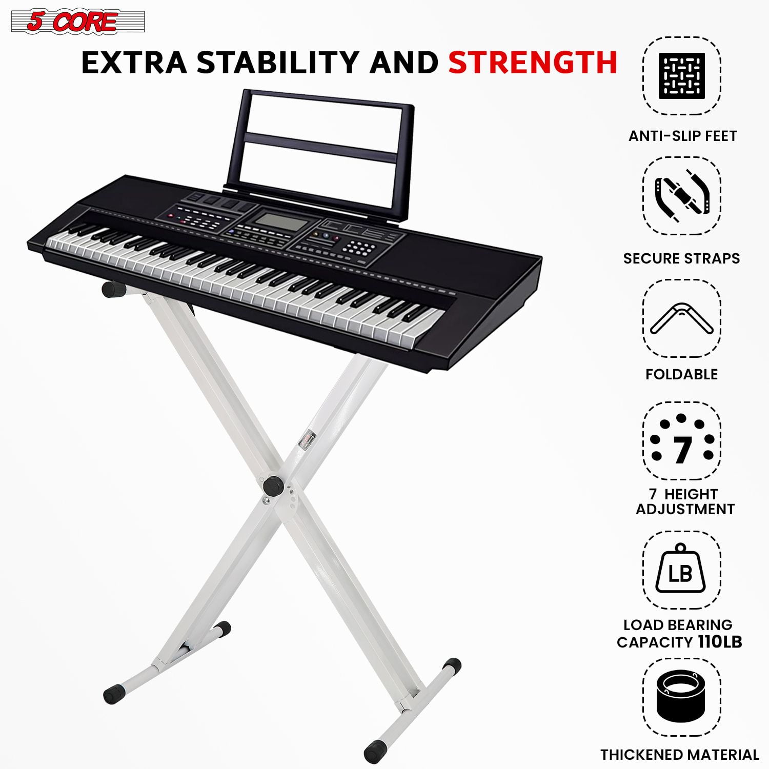 Piano Keyboard Stand Double X Style Heavy Duty Adjustable Digital Electric Piano Riser Durable & Sturdy Music Synthesizer Holder Stands For 61 76 88 Keys w Secure Locking Strap - KS 2X