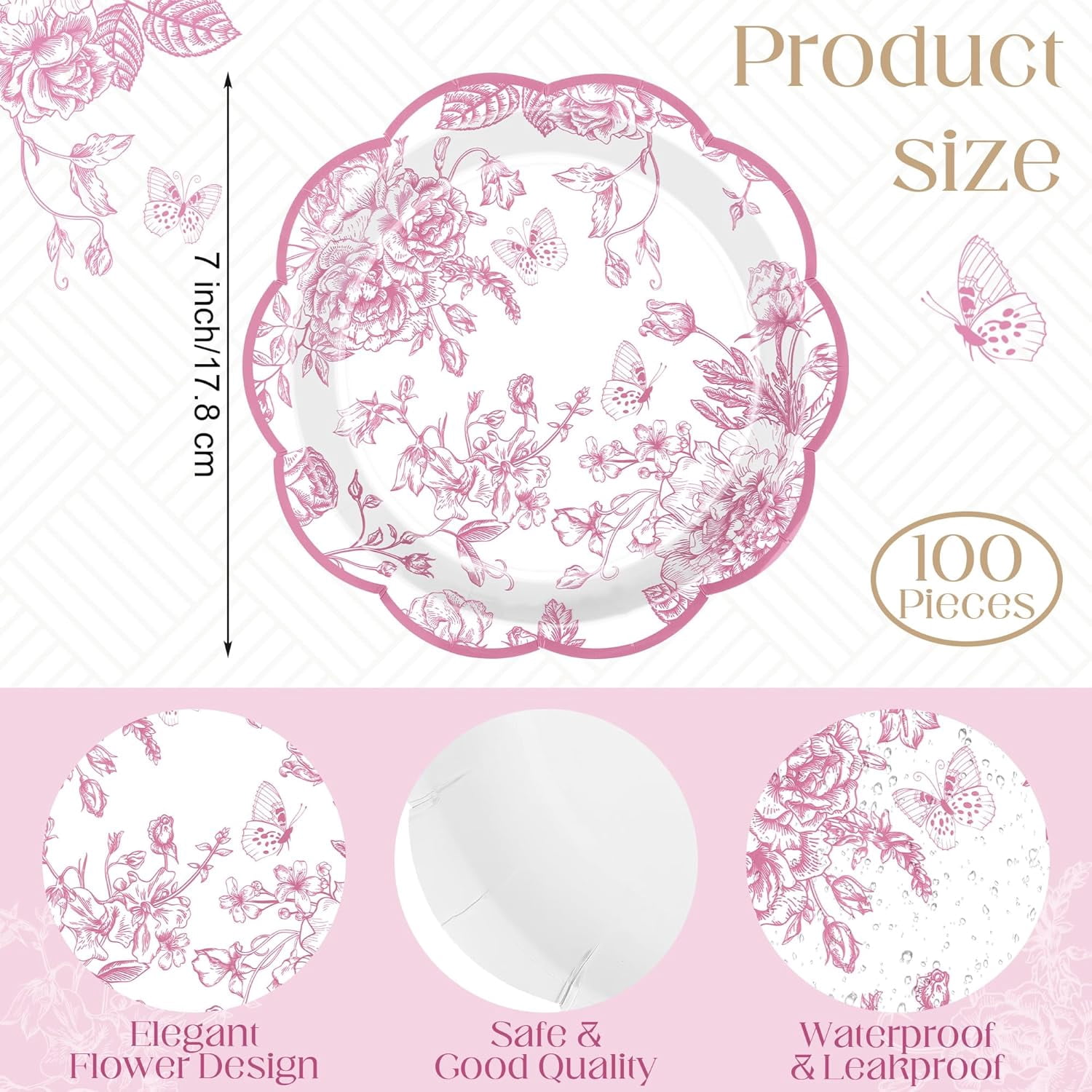 100 Pieces Pink Flower Paper Plates 7 Inches Disposable Floral Paper Plates Scalloped Pink and White Chinoiserie Vintage Flower Dessert Plates for Wedding Birthday Holiday Party Supplies