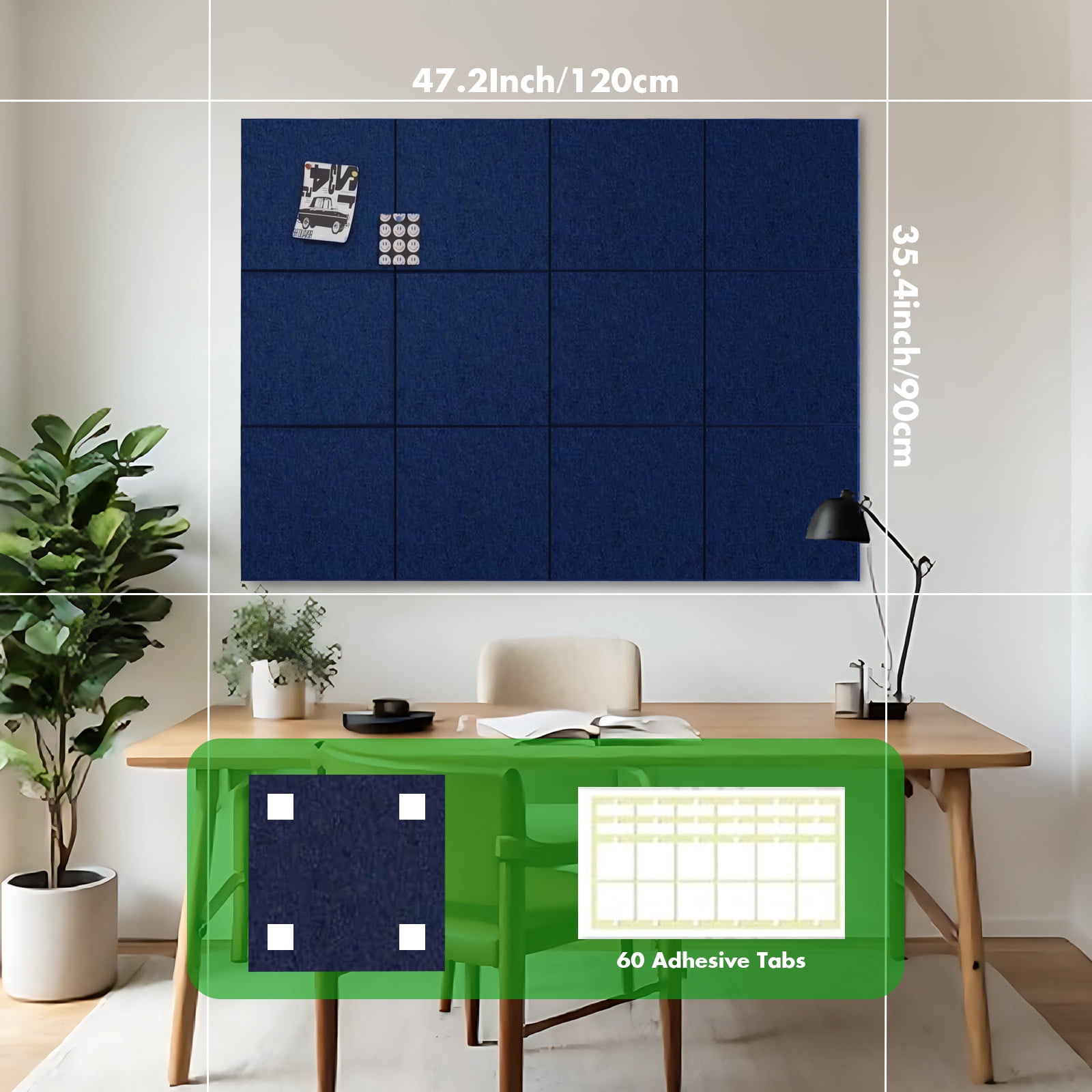 Large Cork Board for Office Decor,48"x36"-12 Pack Felt Wall Tiles with Safe Removable Adhesive Tabs, 1/2" Thick Felt Bulletin Board,Cork Boards for Walls Pin Board - Dark Blue
