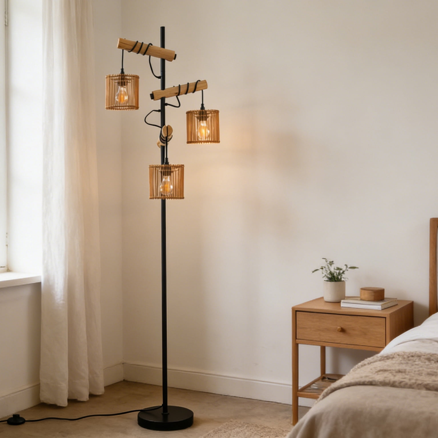 72" Rattan Boho Floor Lamp with Bamboo boho Shade Vintage Standing Lamps for Living Room Bedroom Hotel Bar Office