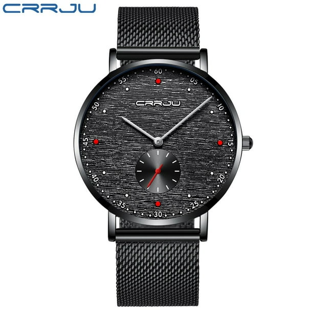 CRRJU Mens Simple Slim Quartz Watch Black Steel Mesh Ultra Thin