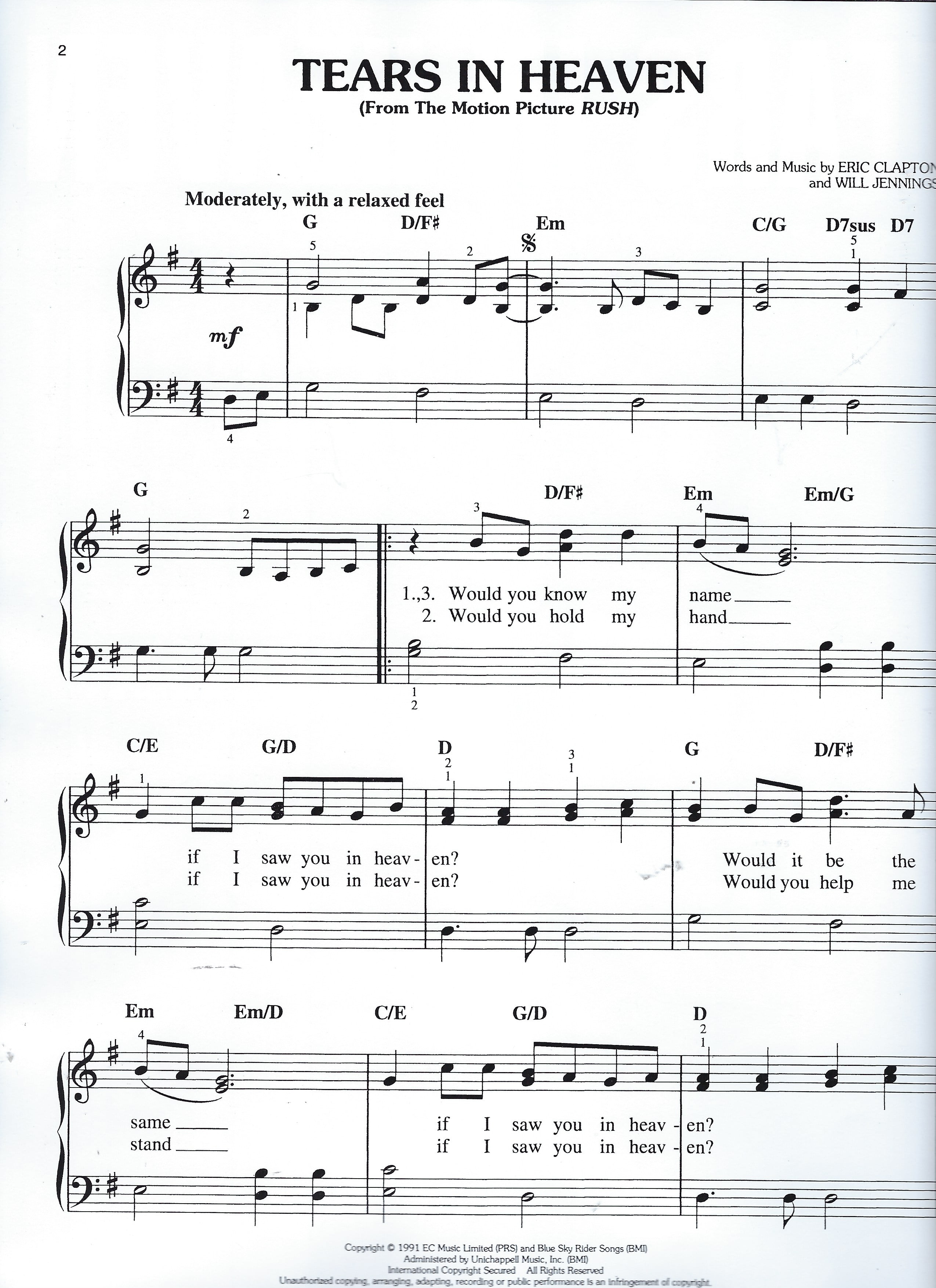 TEARS IN HEAVEN Easy Piano Sheet music