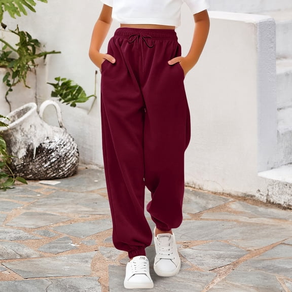 UACY Girl's Sweatpants Kids Cotton Drawstring Joggers Elastic Waisted Athletic Pants with Zippered Pockets for Teen Girls (Wine, 13-14 Years)
