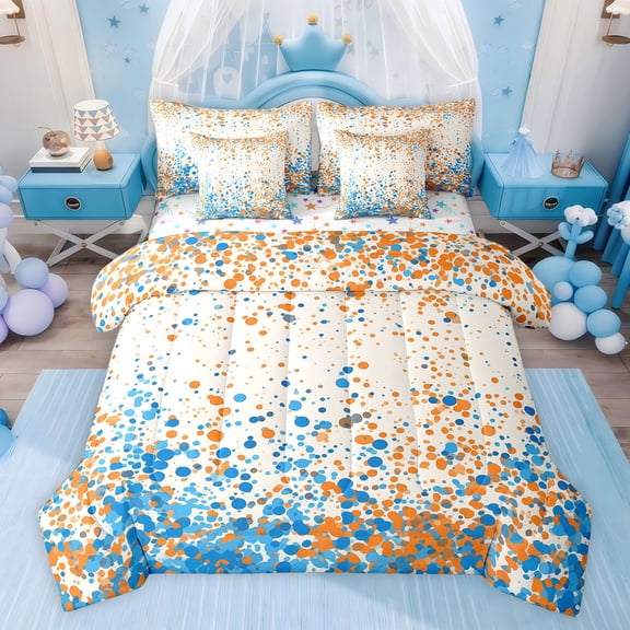 Feelyou Wtseroclor Polkadots Bedding Comforter Set 7 Pieces, Blue Orange Cycle Abstract Full Bedding Set, Teens Kids Boys Girls Reversible Fitted Sheet Flat Sheet, Ultra Soft Bedroom Decor